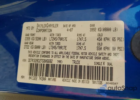 2007 Dodge Ram 2500 St из США, поврежденный, VIN 3D7KS28D27G806682